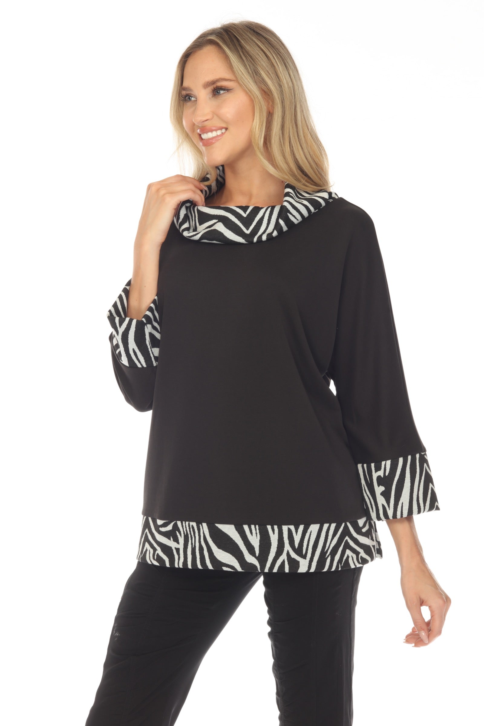 Cowl Neck Swing Pullover - Black & White - CARINE