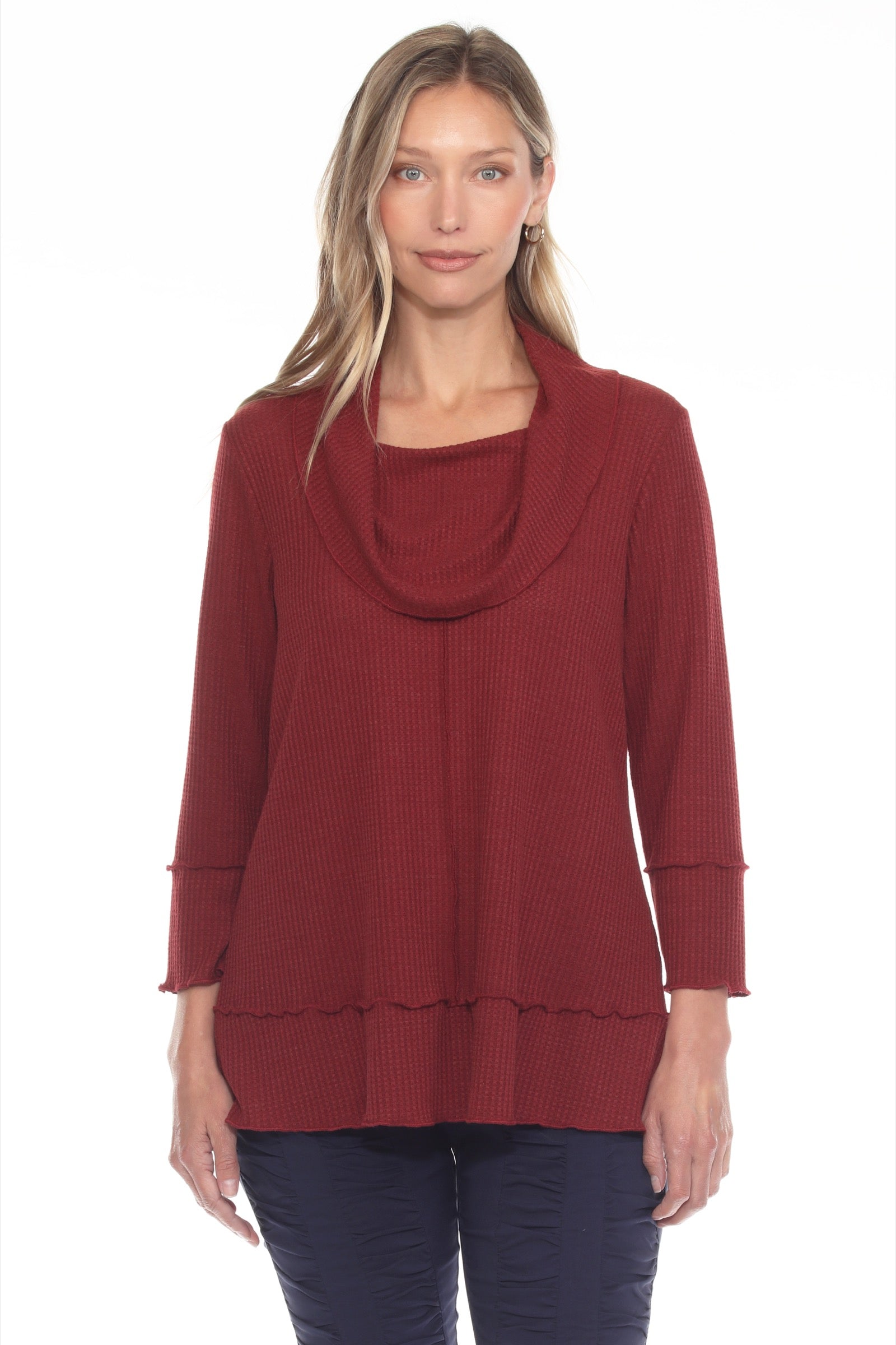 Waffle Knit Cowl Neck Top - CARINE