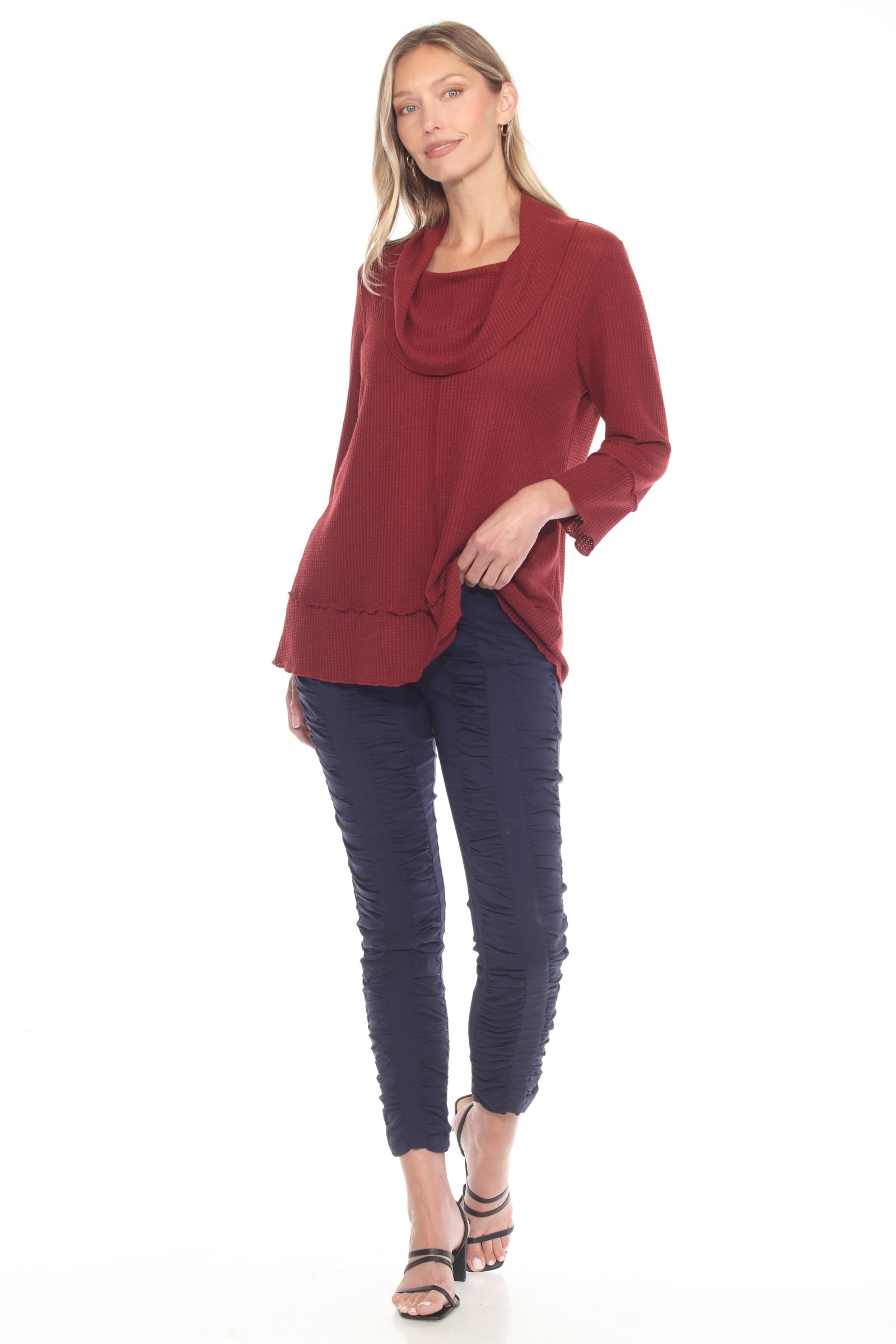 Waffle Knit Cowl Neck Top - CARINE