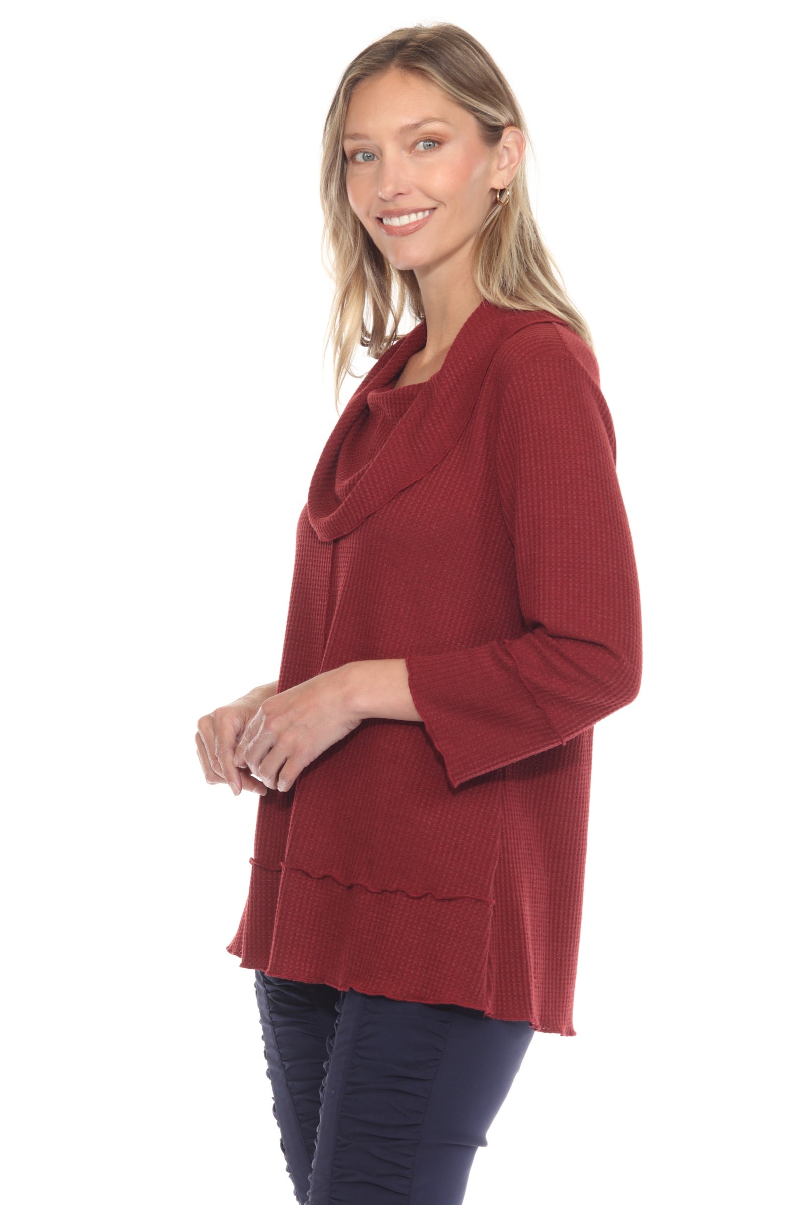 Waffle Knit Cowl Neck Top - CARINE