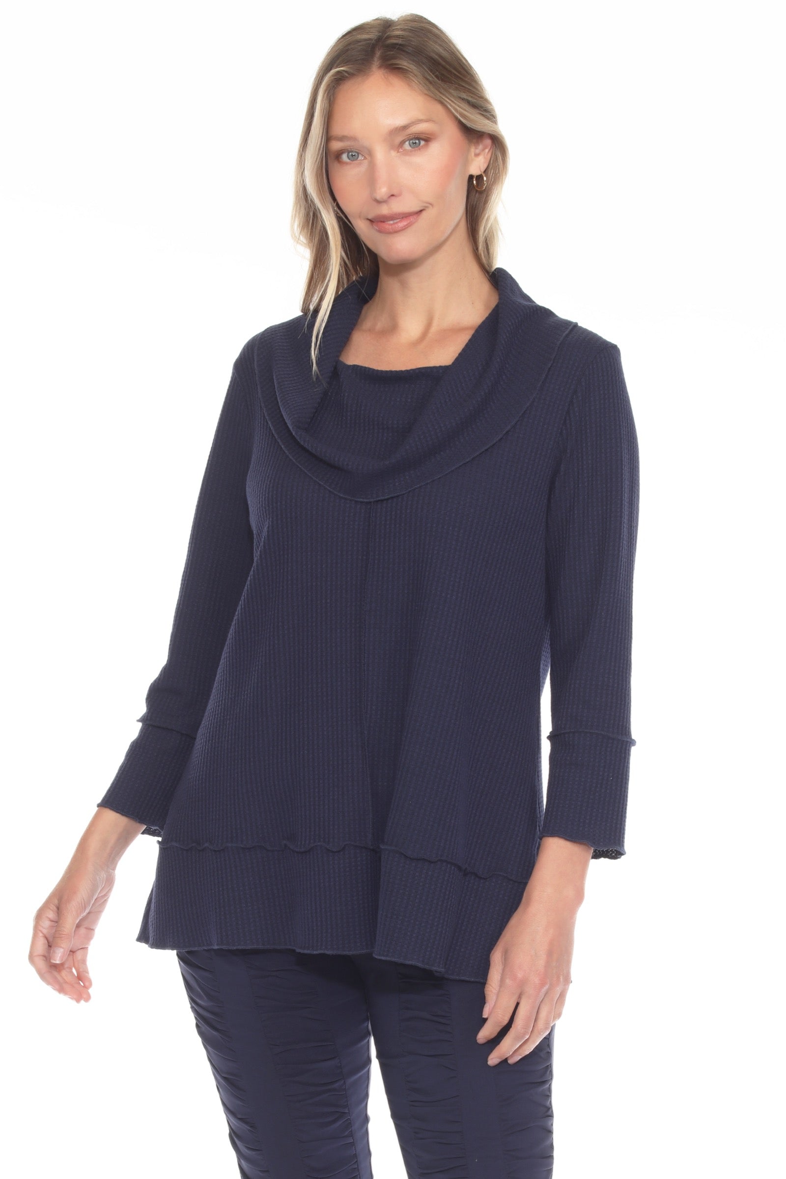 Waffle Knit Cowl Neck Top - CARINE