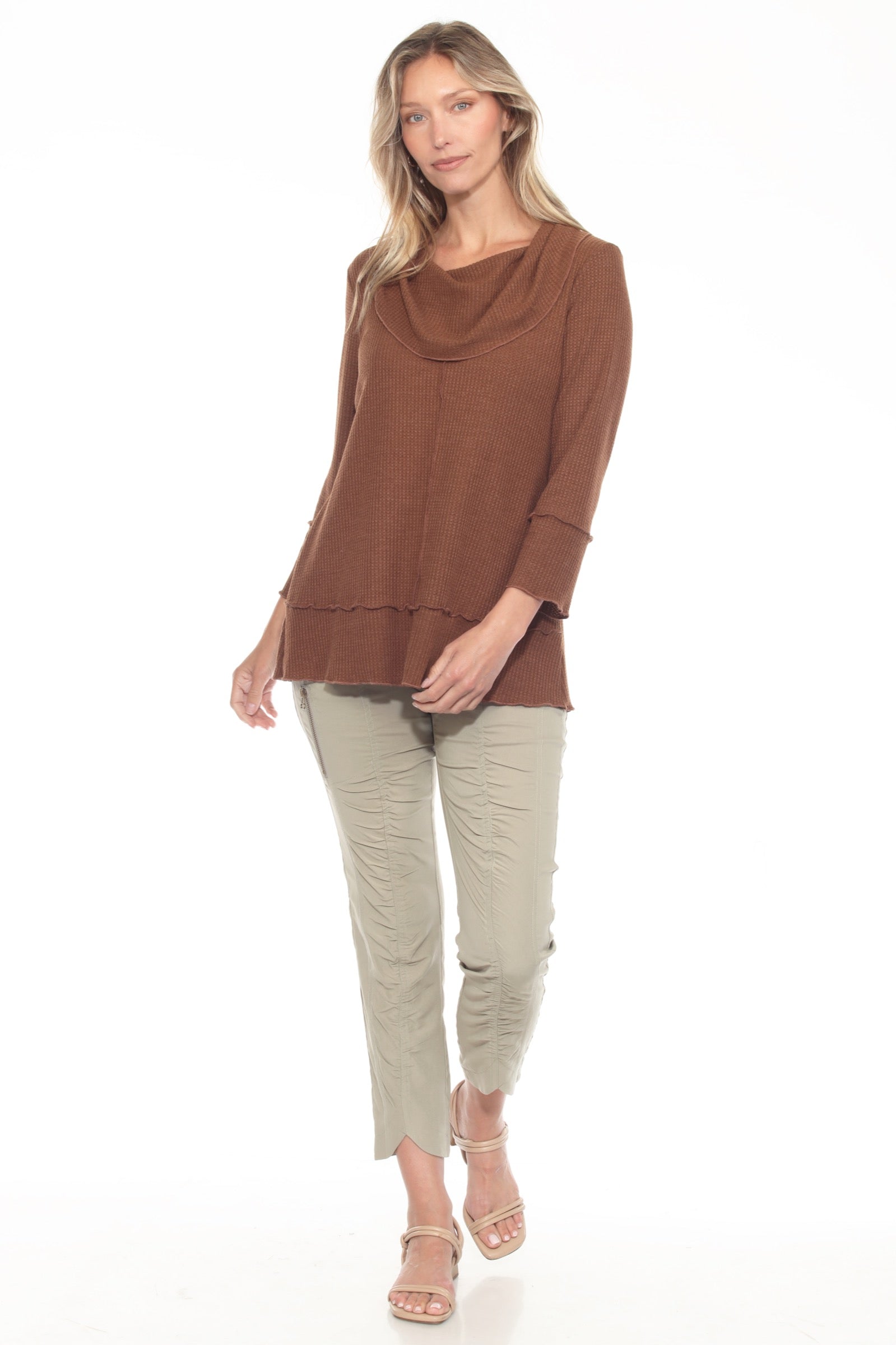 Waffle Knit Cowl Neck Top - CARINE