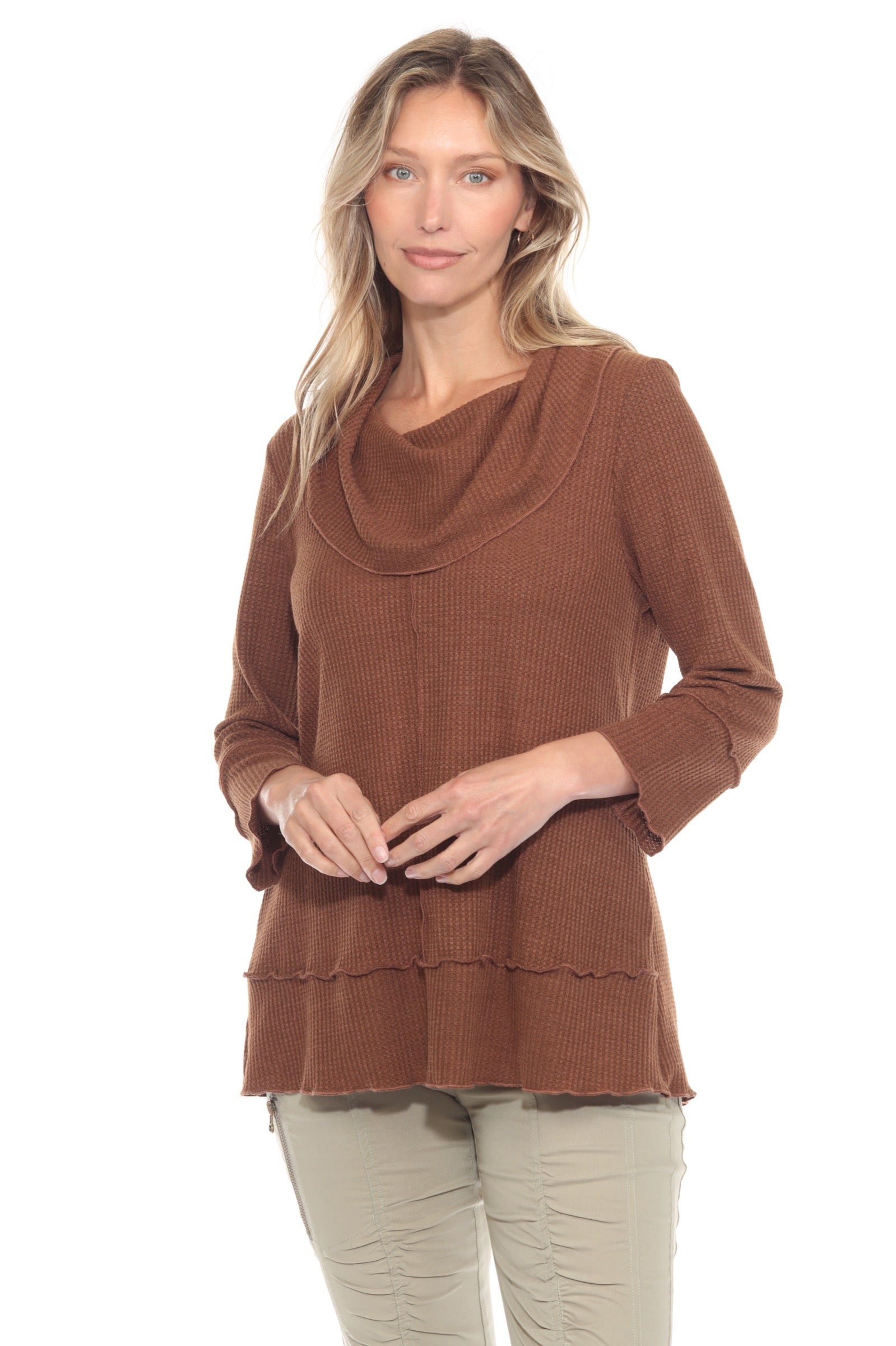 Waffle Knit Cowl Neck Top - CARINE