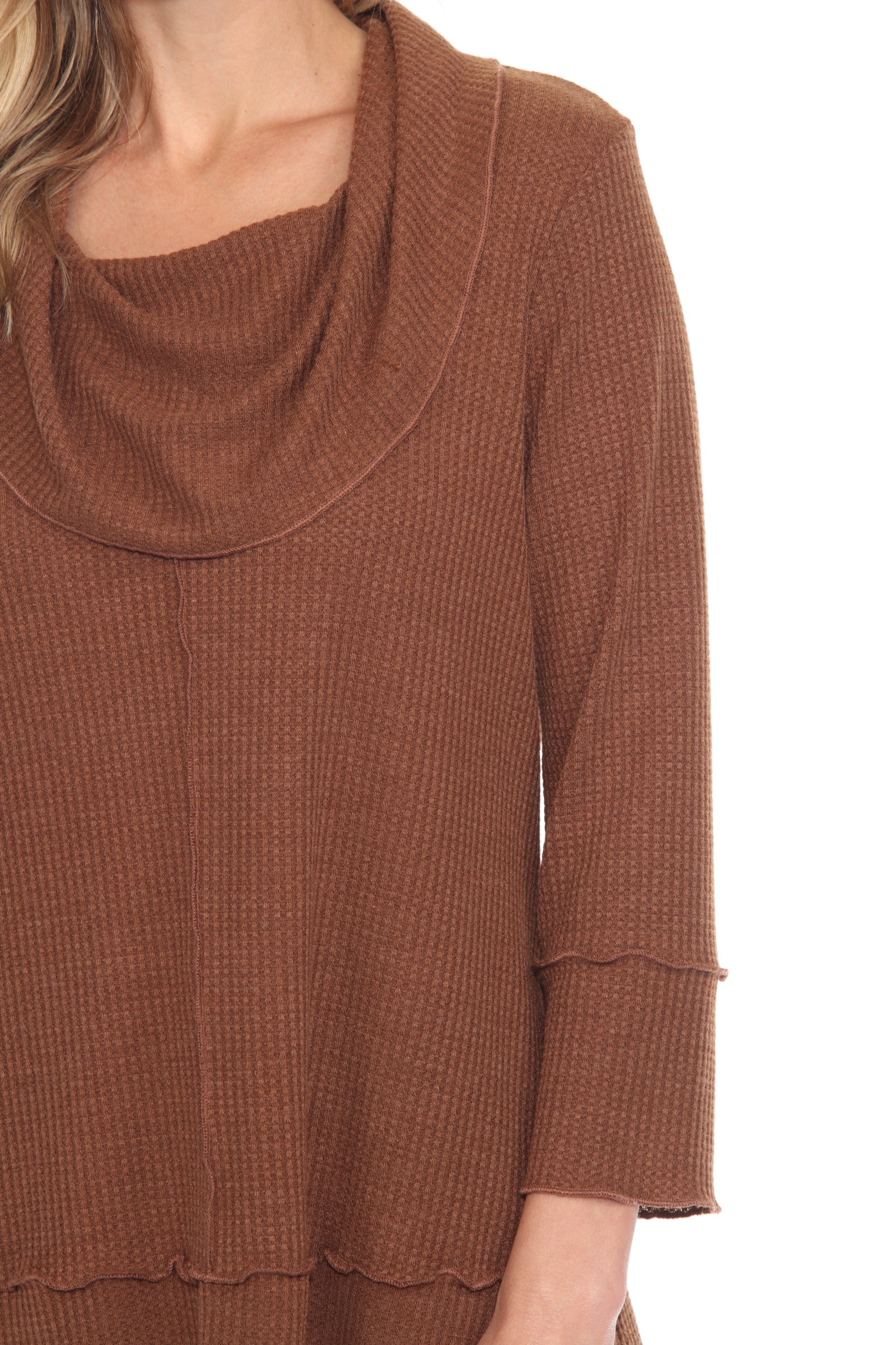 Waffle Knit Cowl Neck Top - CARINE