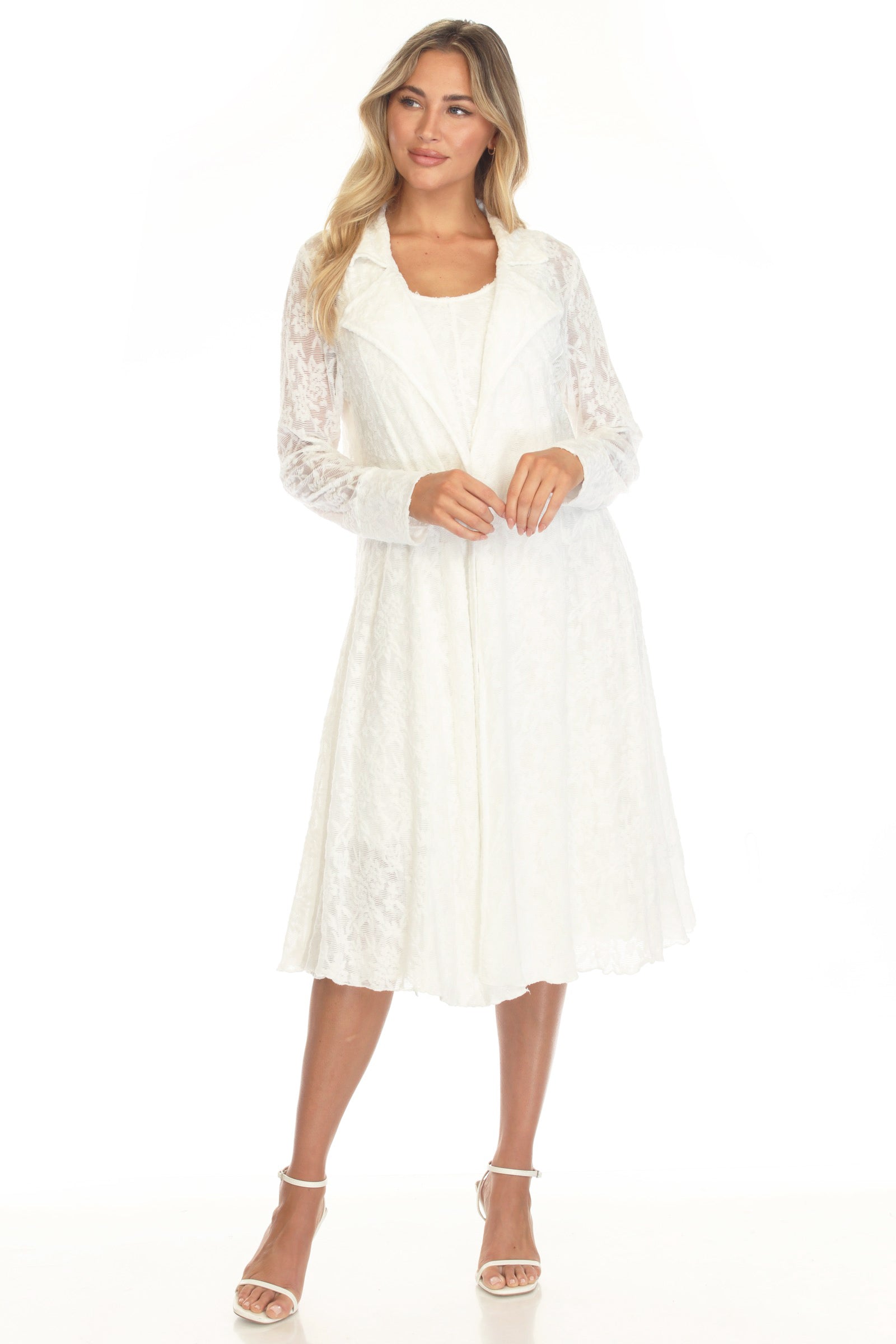 Textured Lace Dress & Duster Set - White - CARINE