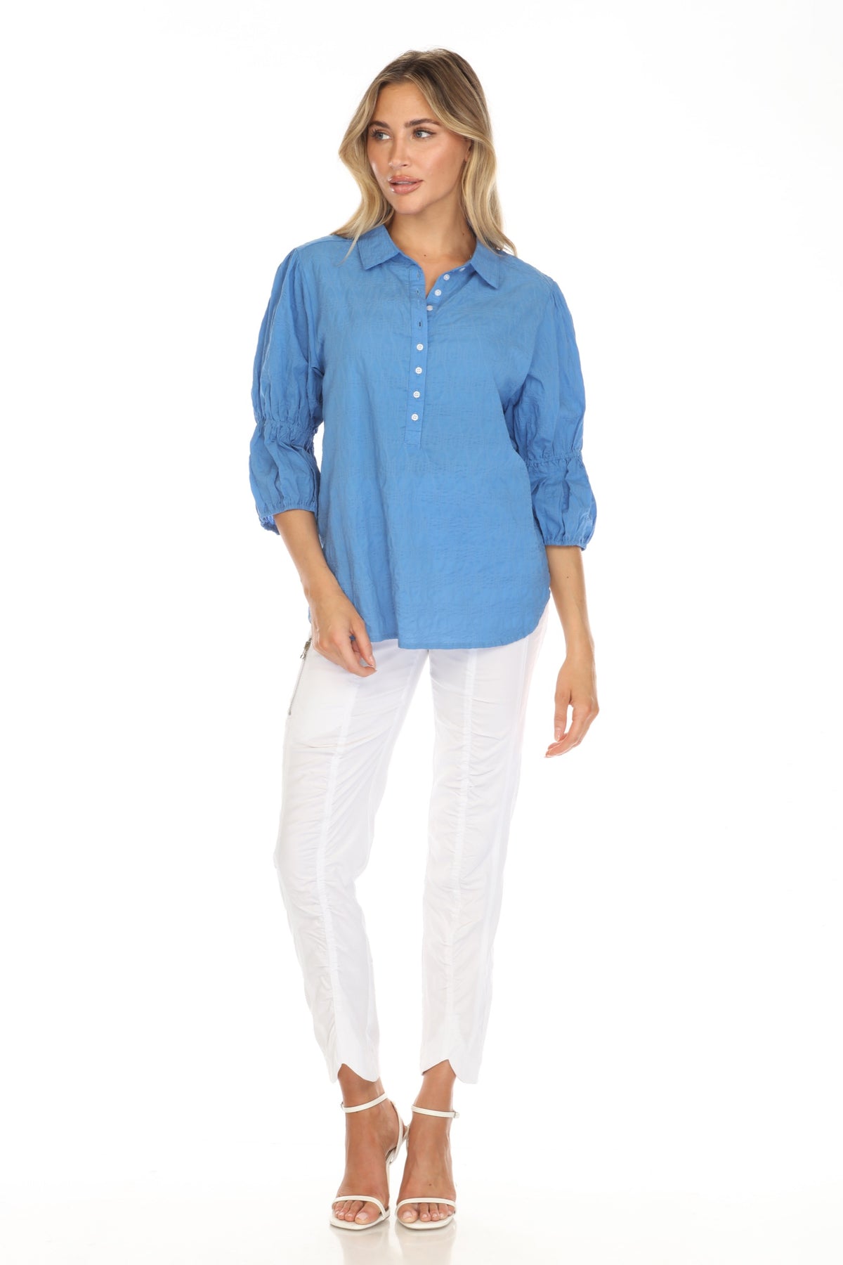 Textured Gathered Sleeve Popover - CARINE