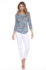 V-Neck Top - Teal Mosaic - CARINE