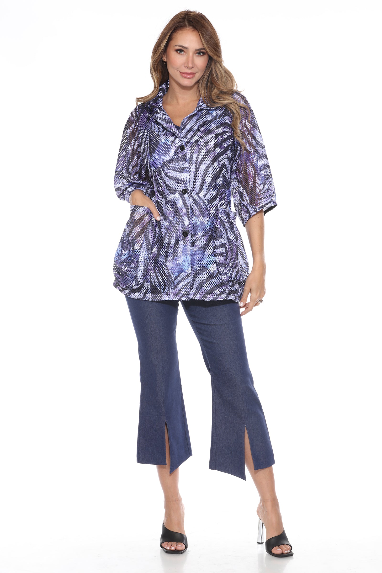 Mesh Wide-Sleeve Button Jacket - Twilight Stripes - CARINE