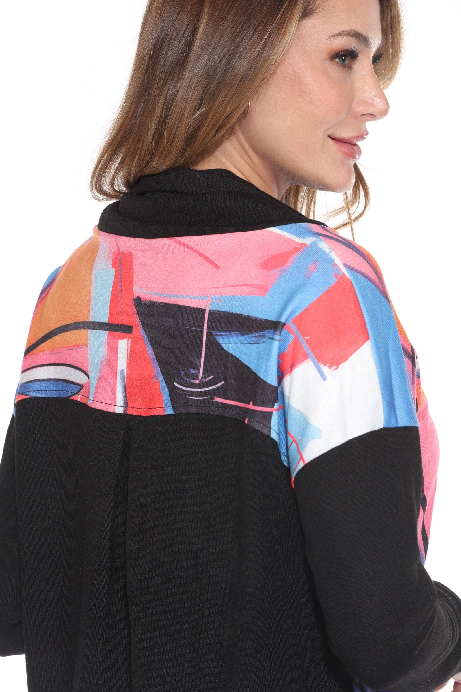 Dolman Cowl Neck Pullover - Multi Art - CARINE