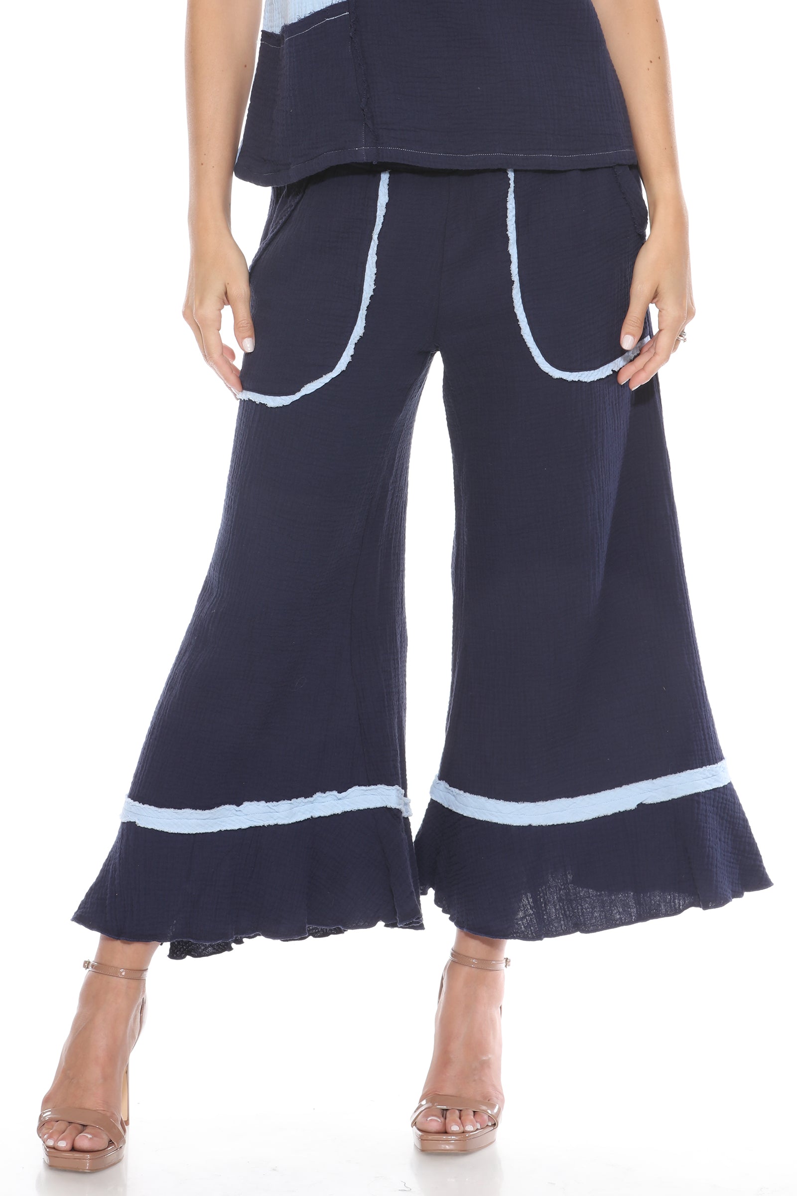 Cotton Patchwork Dolman Top Matching Set - Blue - CARINE