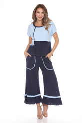 Cotton Patchwork Boxy Tee Matching Set - Blue - CARINE