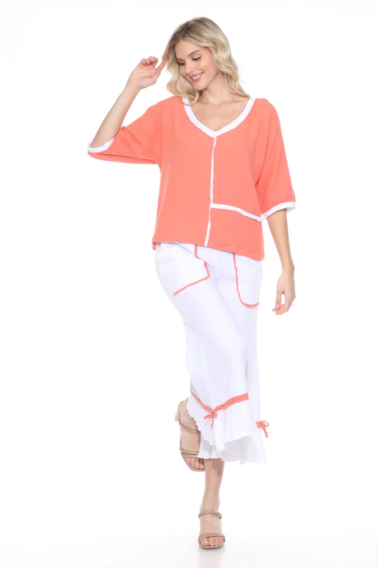 Cotton Patchwork Dolman Top Matching Set - Orange - CARINE