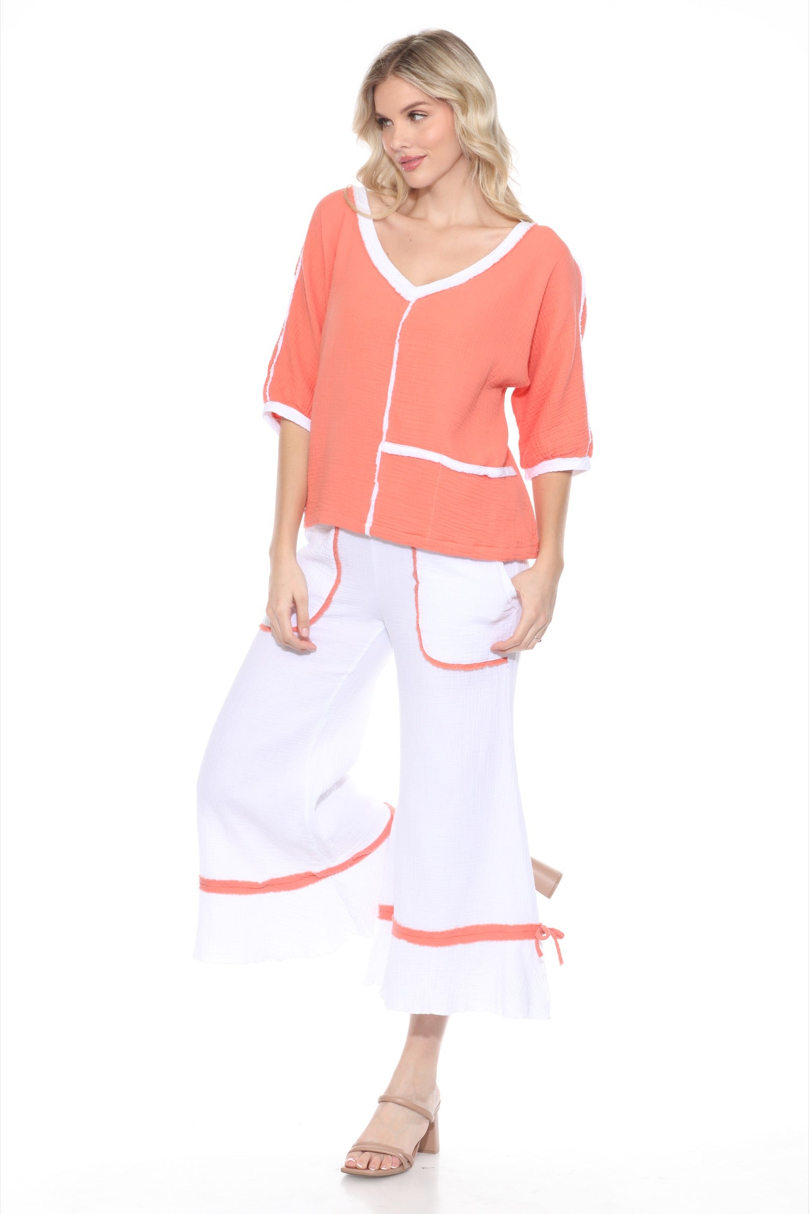 Cotton Patchwork Dolman Top Matching Set - Orange - CARINE