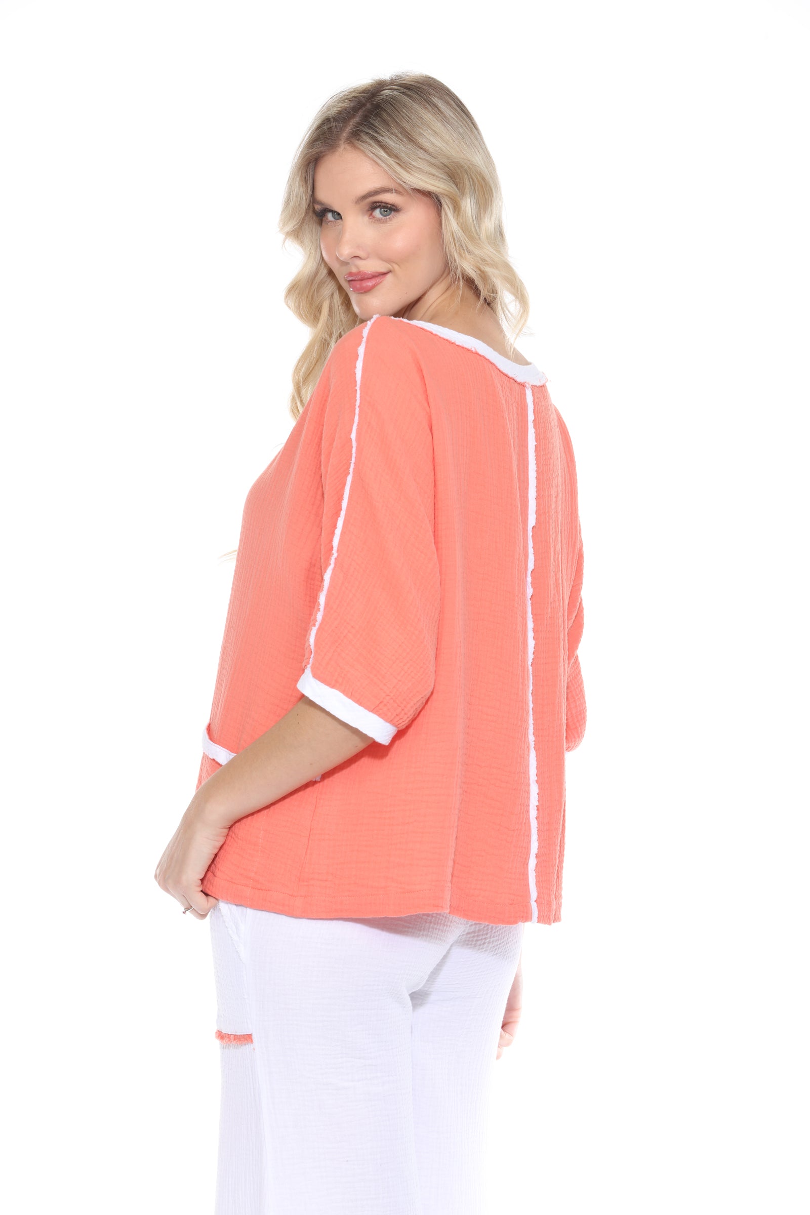 Cotton Patchwork Dolman Top Matching Set - Orange - CARINE