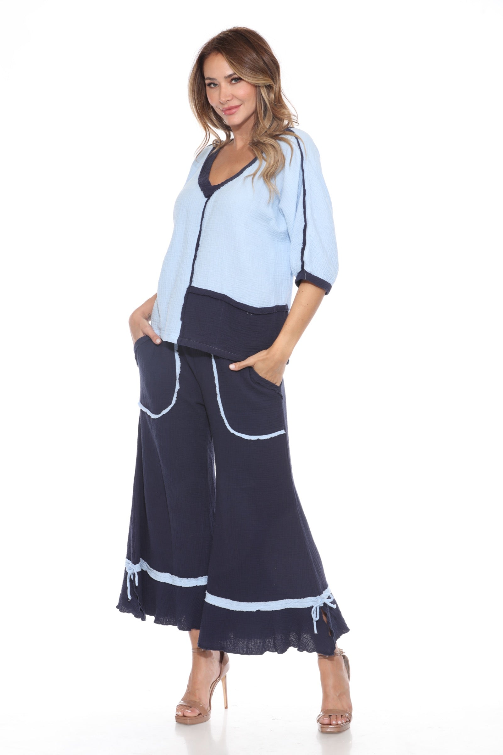 Cotton Patchwork Dolman Top Matching Set - Blue - CARINE