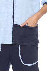 Cotton Patchwork Dolman Top Matching Set - Blue - CARINE