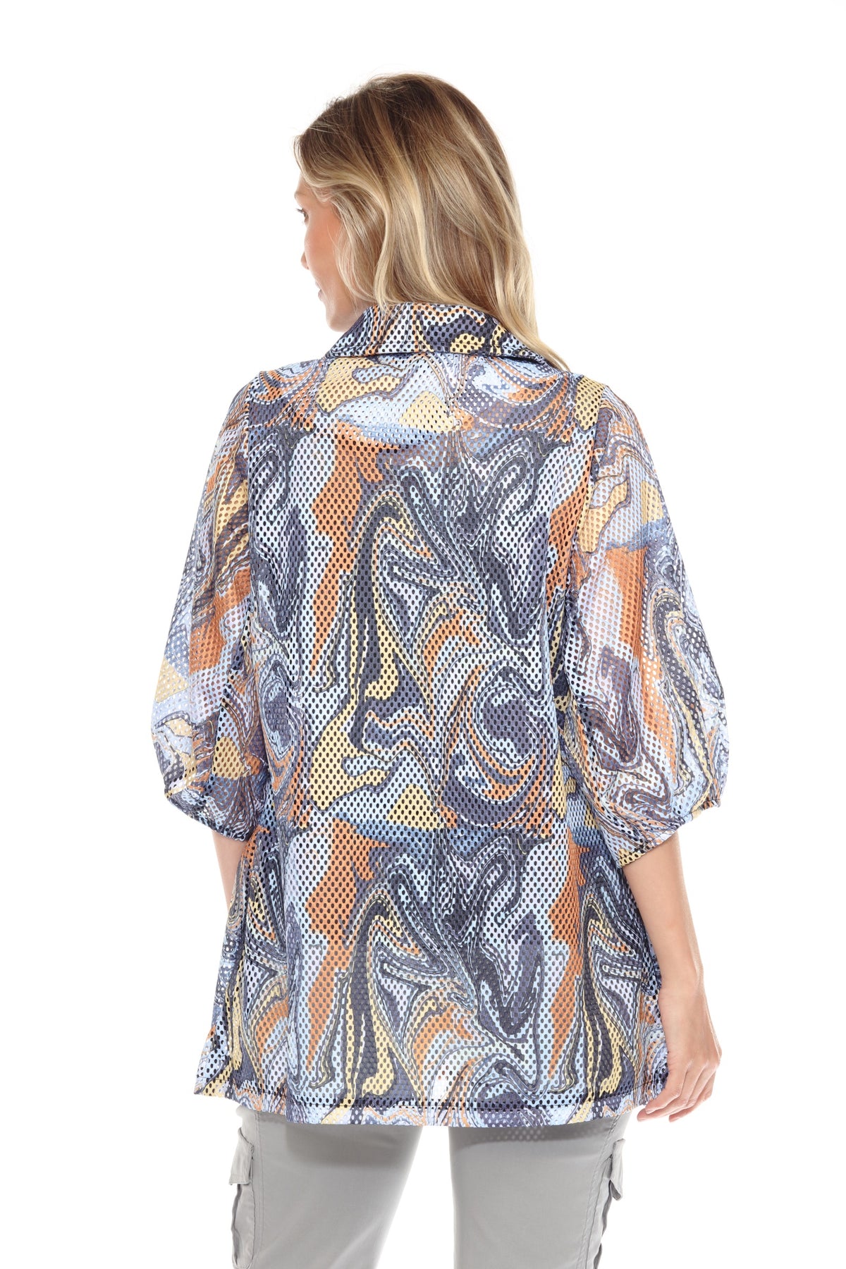 Mesh Wide-Sleeve Button Jacket - Marble Flow - CARINE