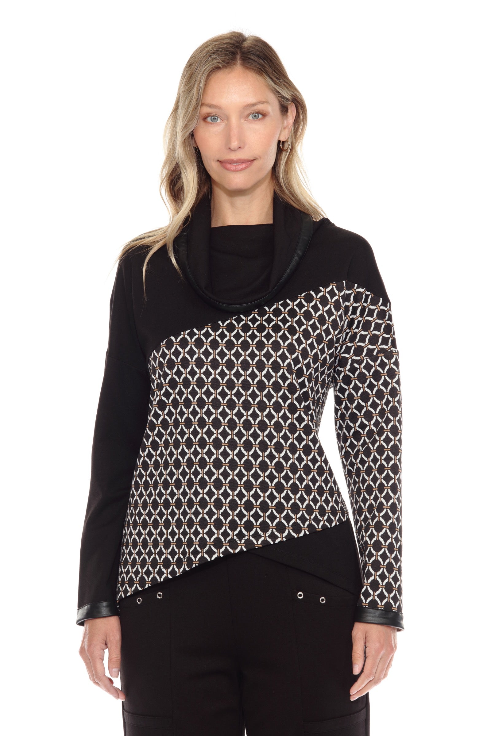 Cowl Neck Pullover w/ Faux Trim - CARINE