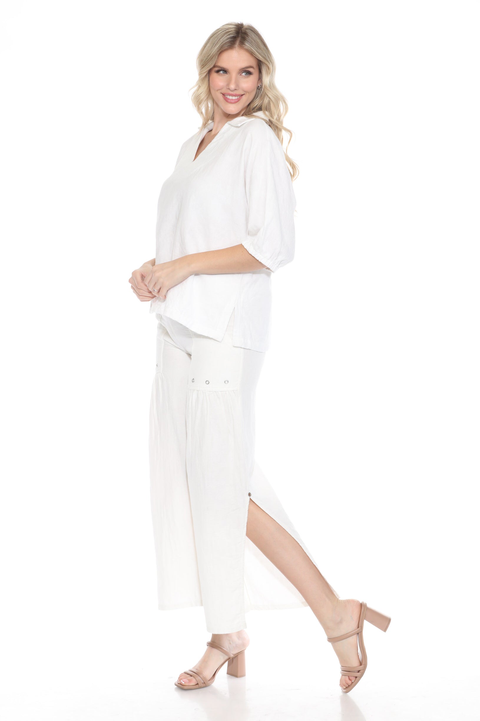 Textured Split Neck Matching Set - Ivory - CARINE