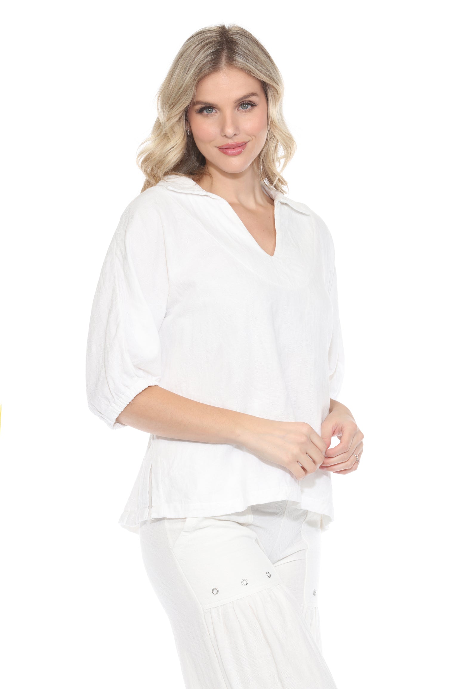 Textured Split Neck Matching Set - Ivory - CARINE