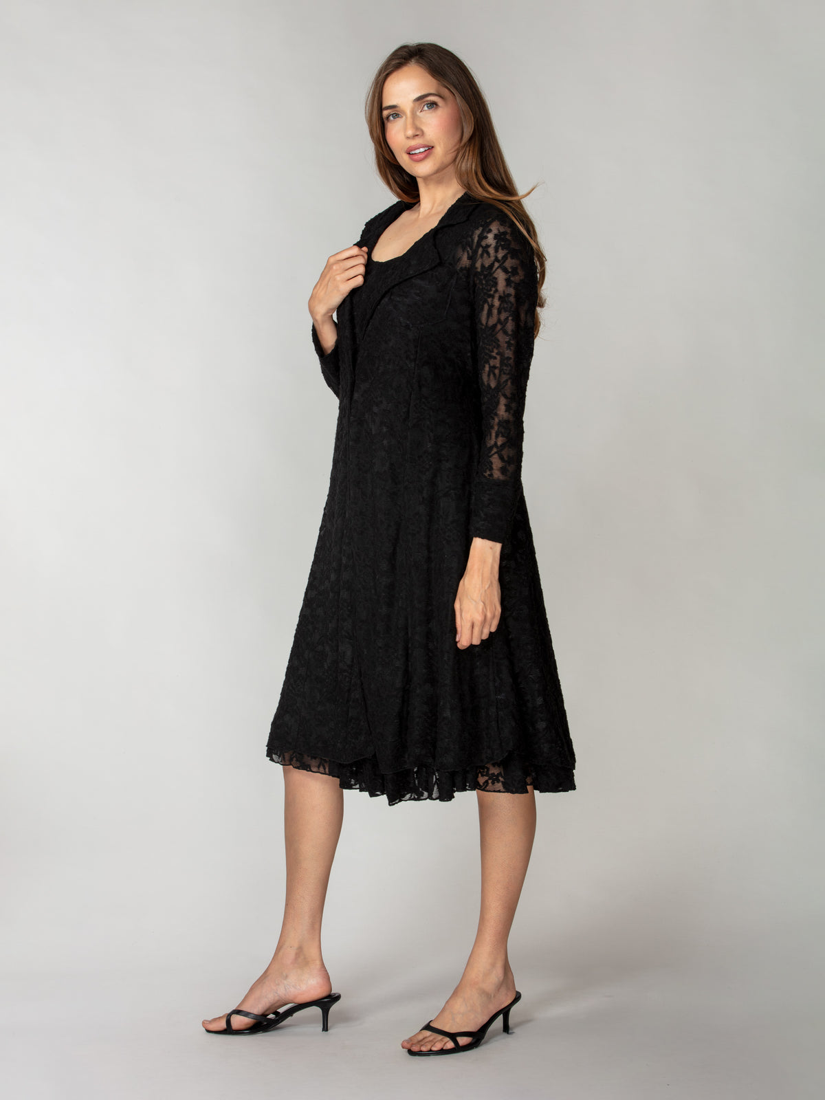 Textured Lace Dress & Duster Set - Black