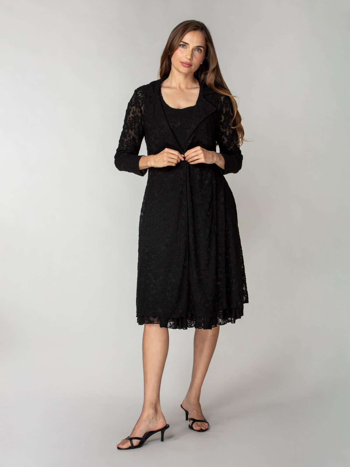 Textured Lace Dress & Duster Set - Black
