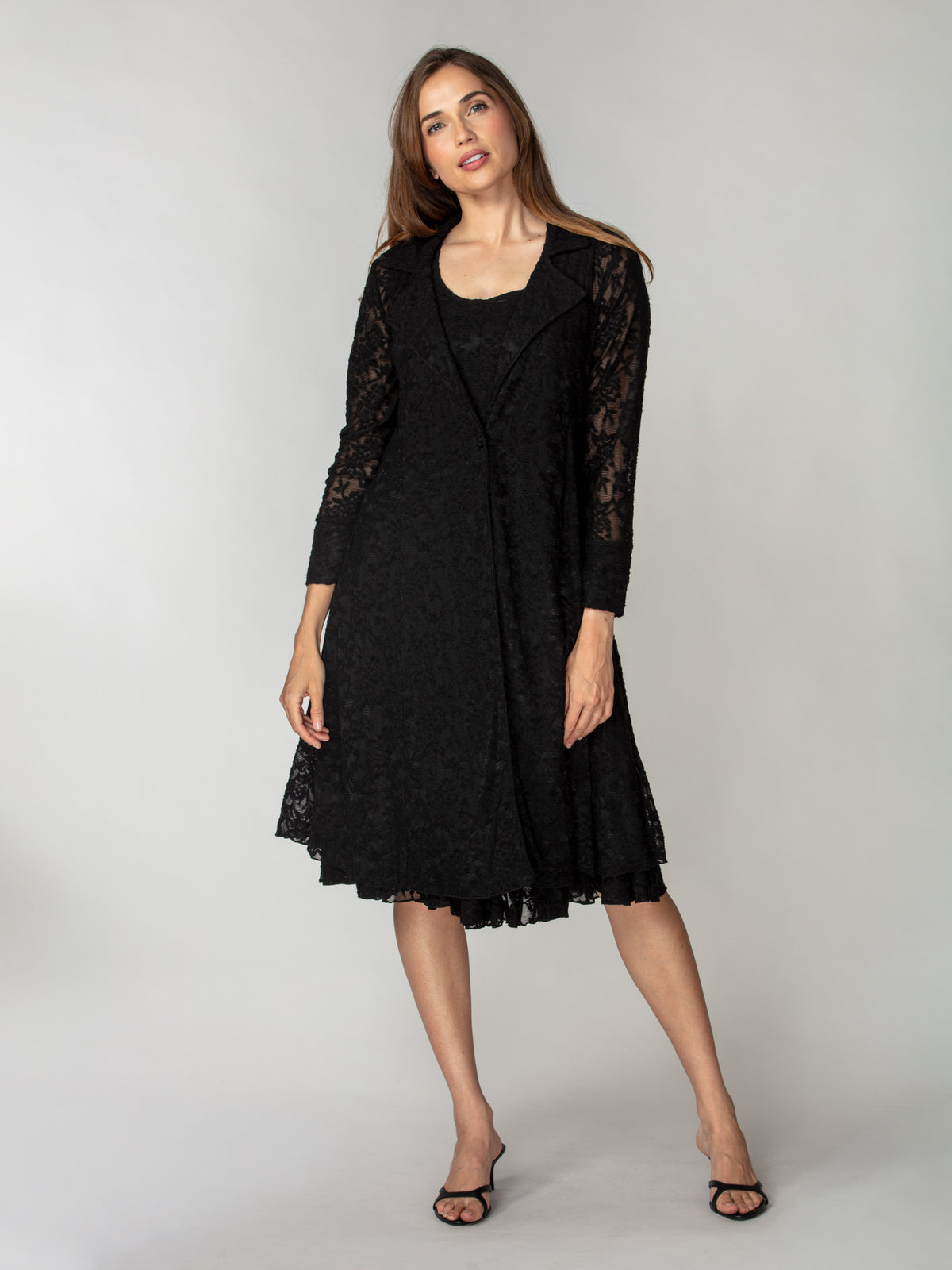 Textured Lace Dress & Duster Set - Black