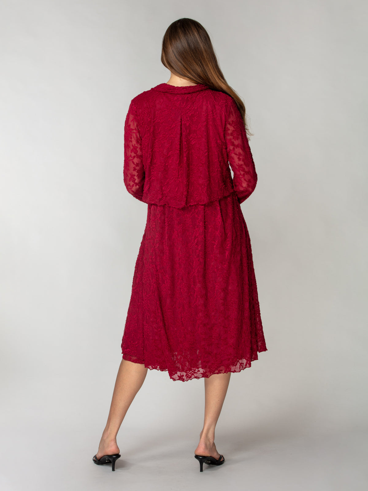 Textured Lace Dress & Duster Set - Wine