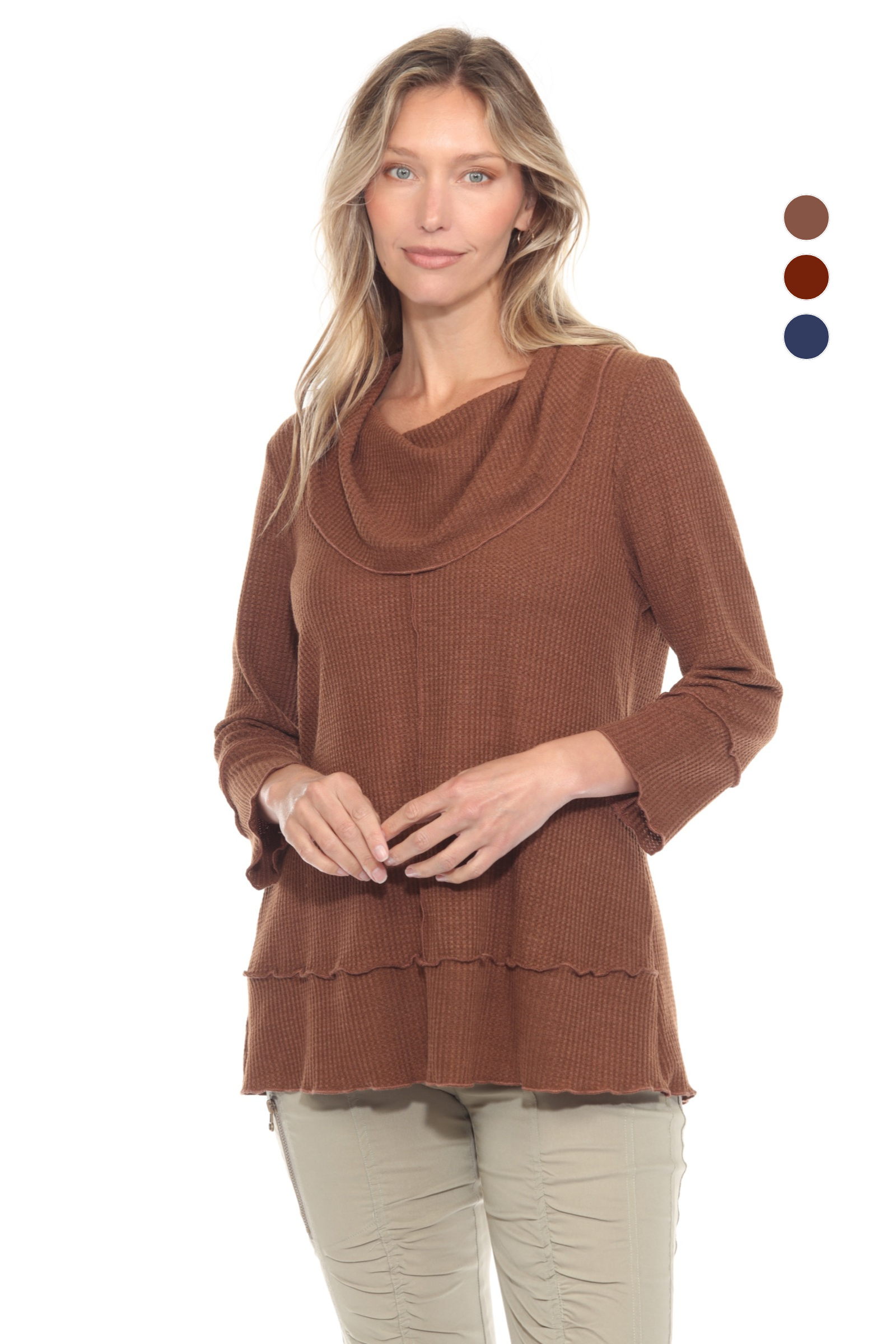 Waffle Knit Cowl Neck Top - CARINE