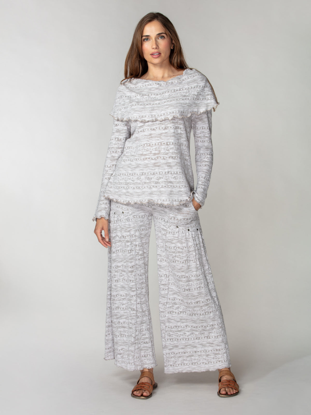Jacquard Knit Drape-Neck Pullover
