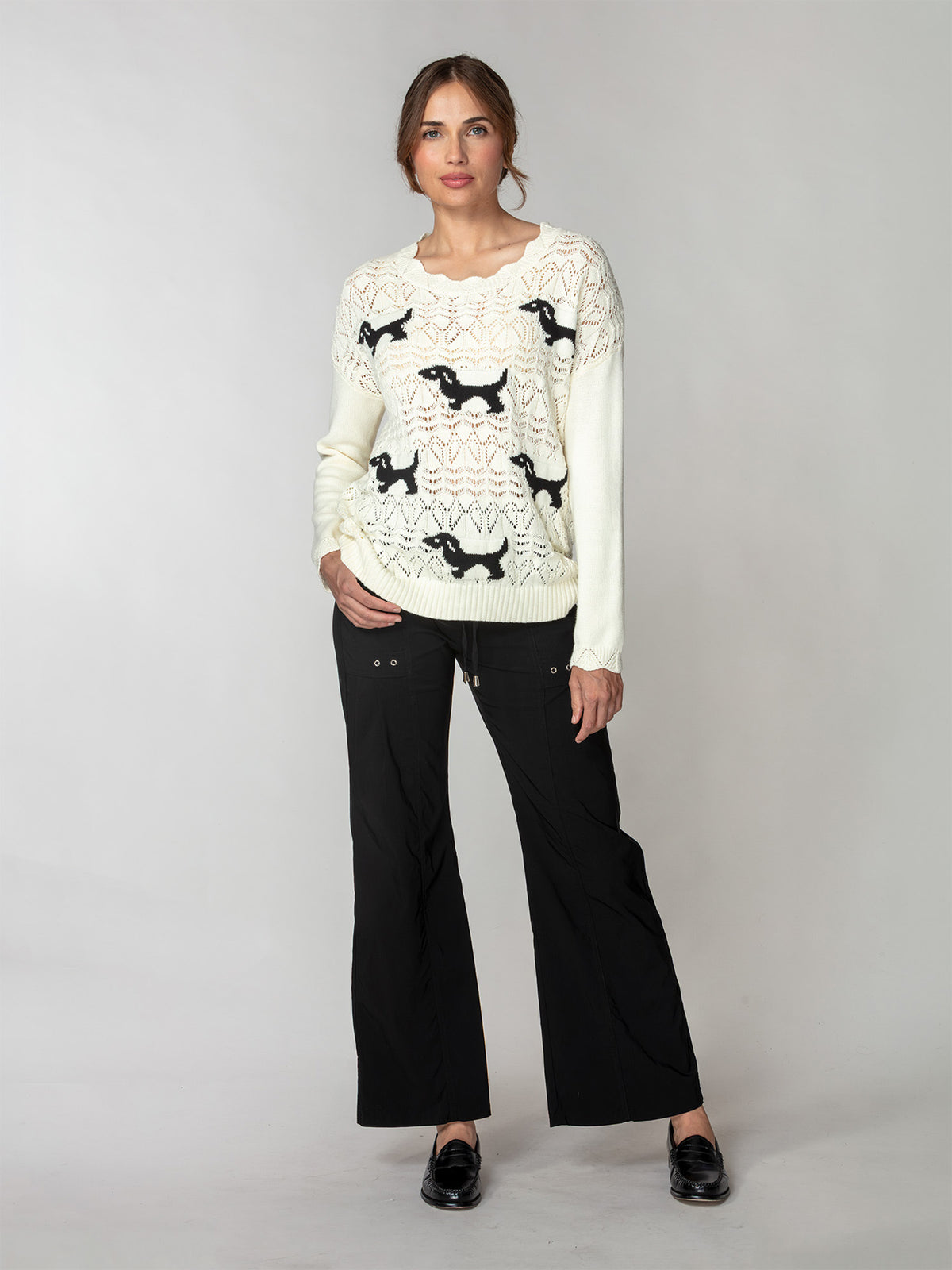 Dog Motif Pointelle Sweater