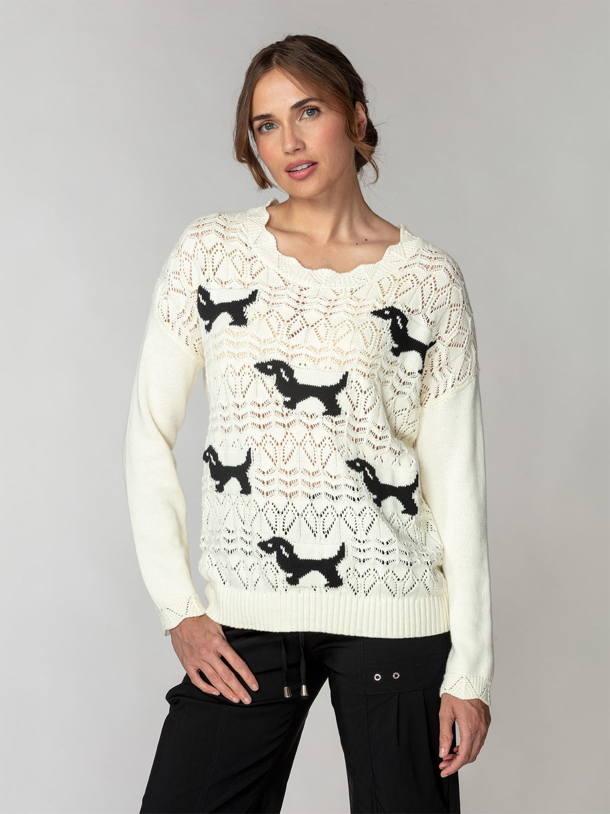Dog Motif Pointelle Sweater