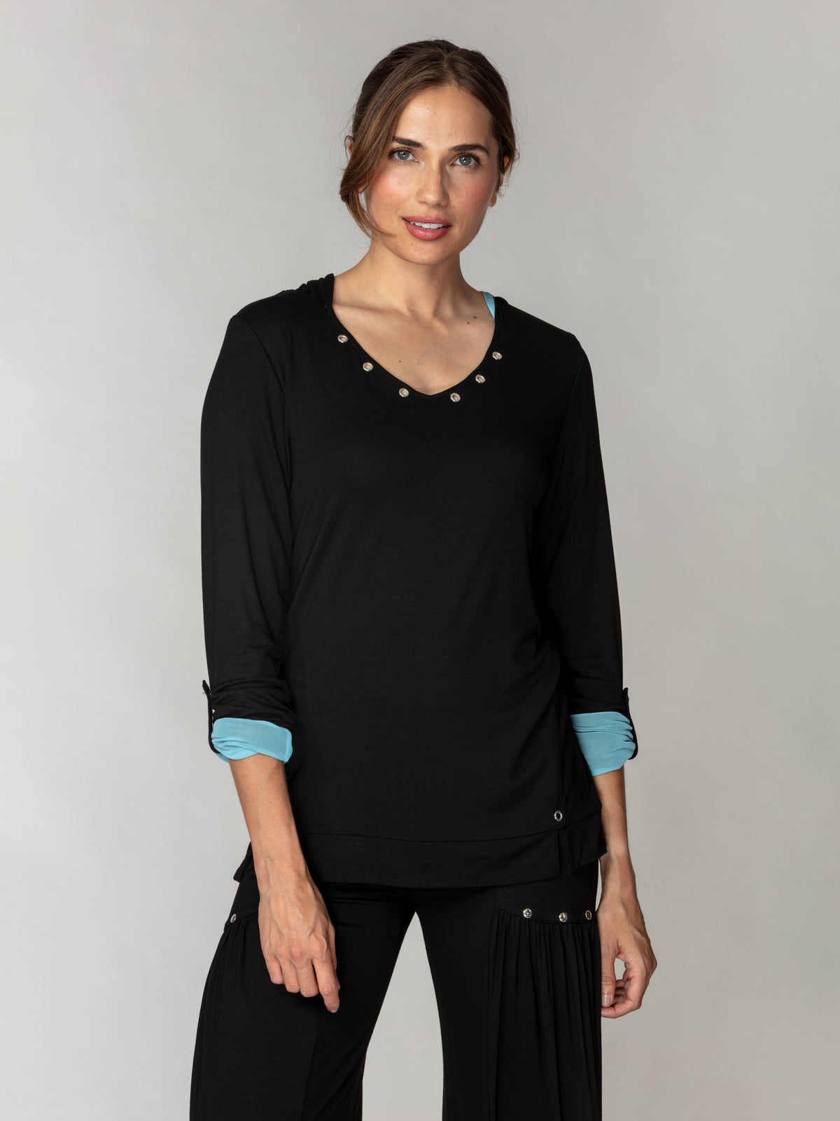 Contrast Lined Rivet Hoodie Top