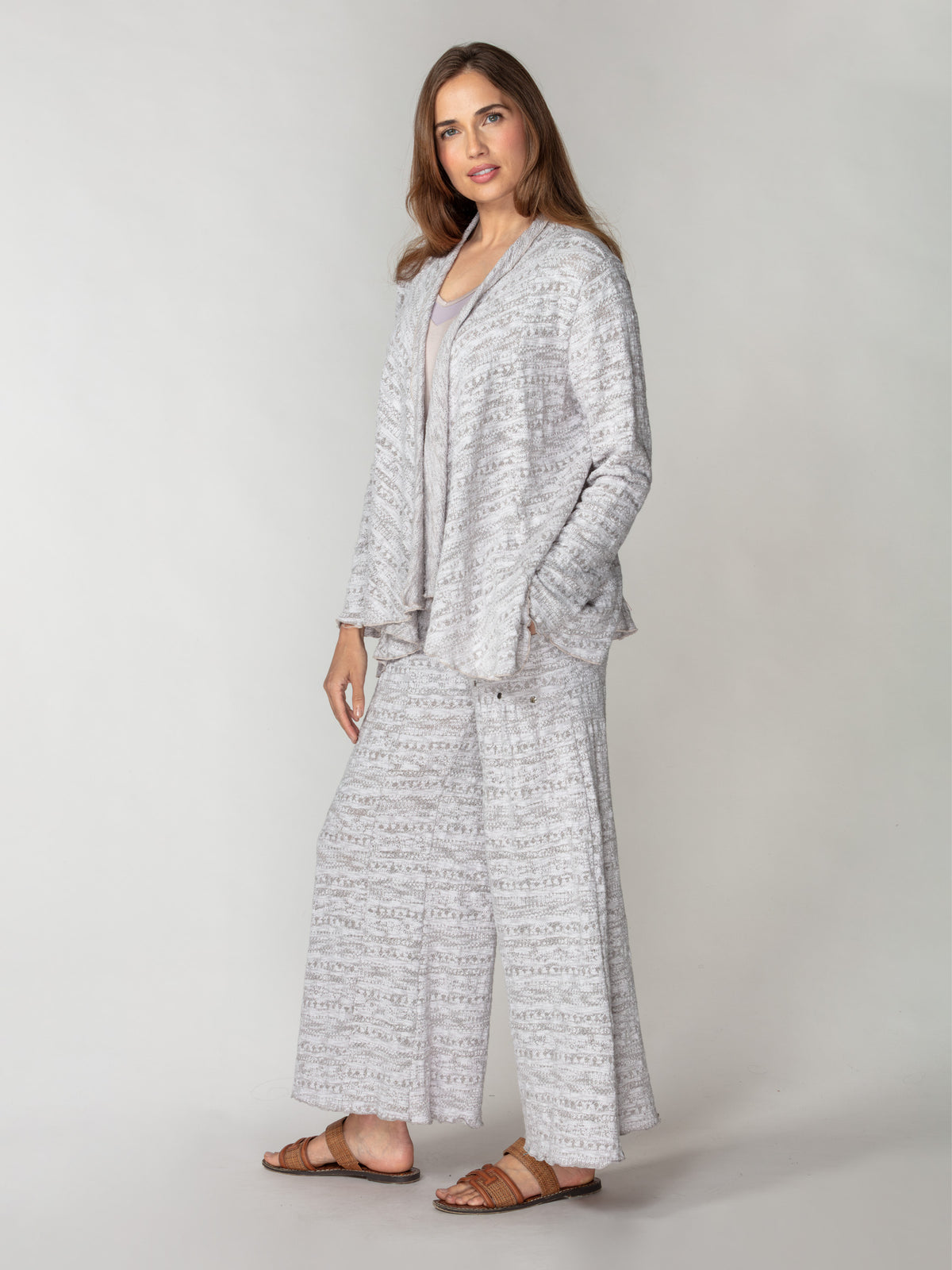 Jacquard Knit Draped Cardigan Set - Oat