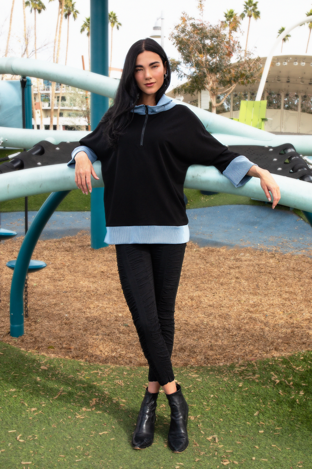 Rib Trim Swing Zip Pullover - CARINE
