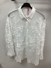 White Flower Printed Blouse W/Lace - CARINE