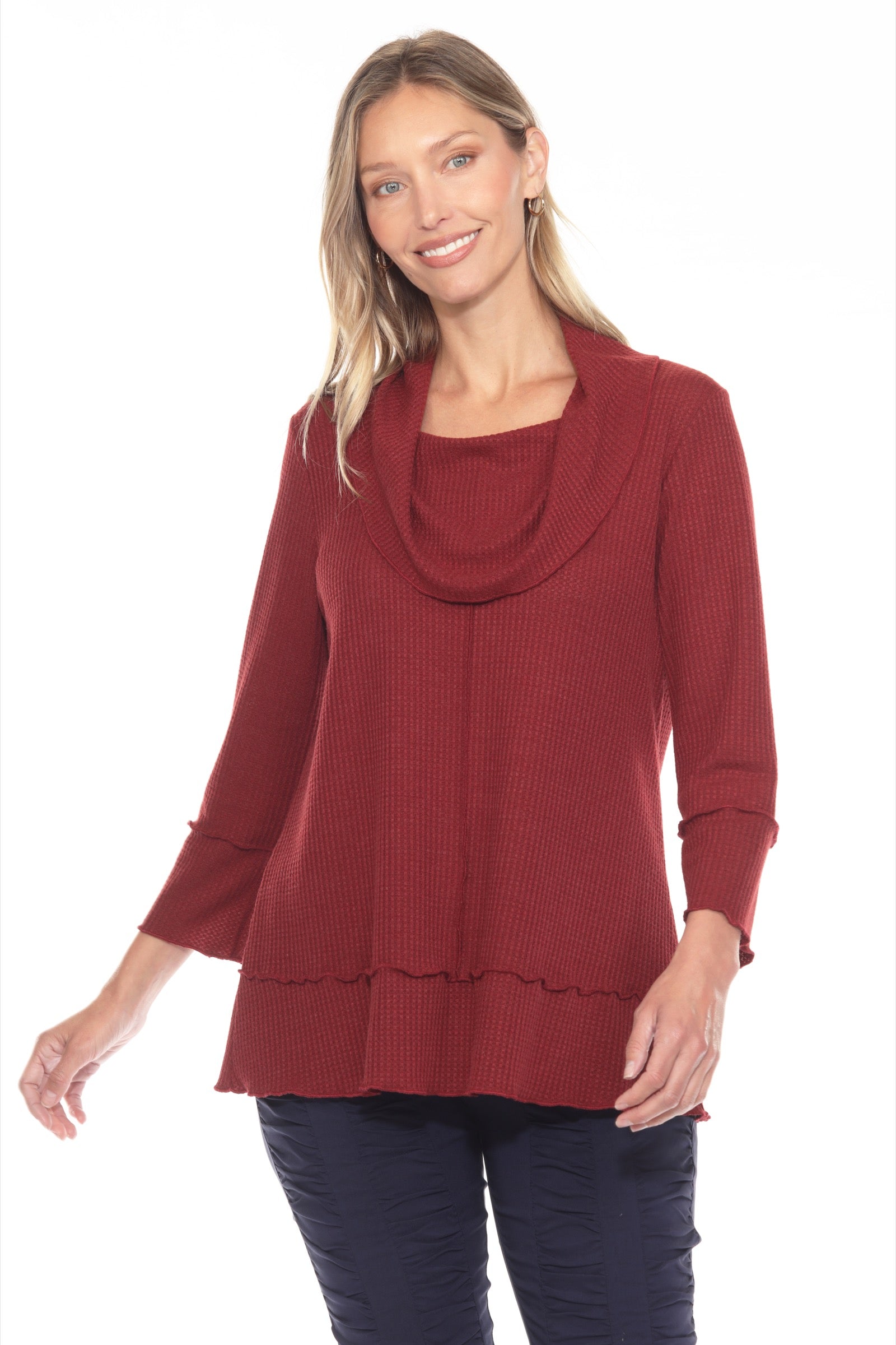 Waffle Knit Cowl Neck Top - CARINE