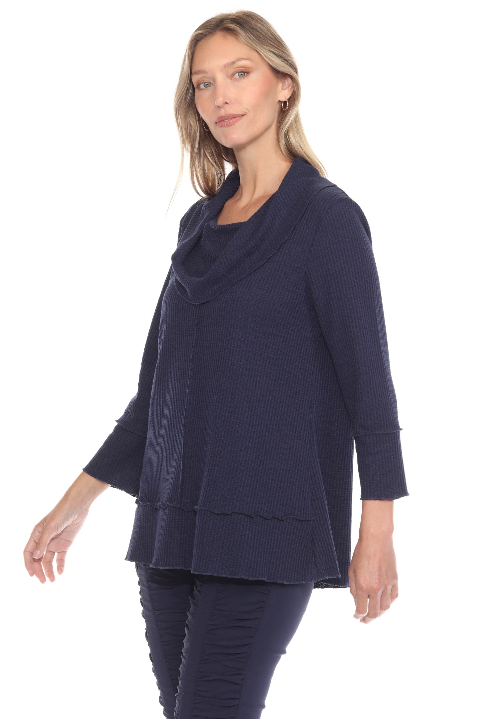 Waffle Knit Cowl Neck Top - CARINE