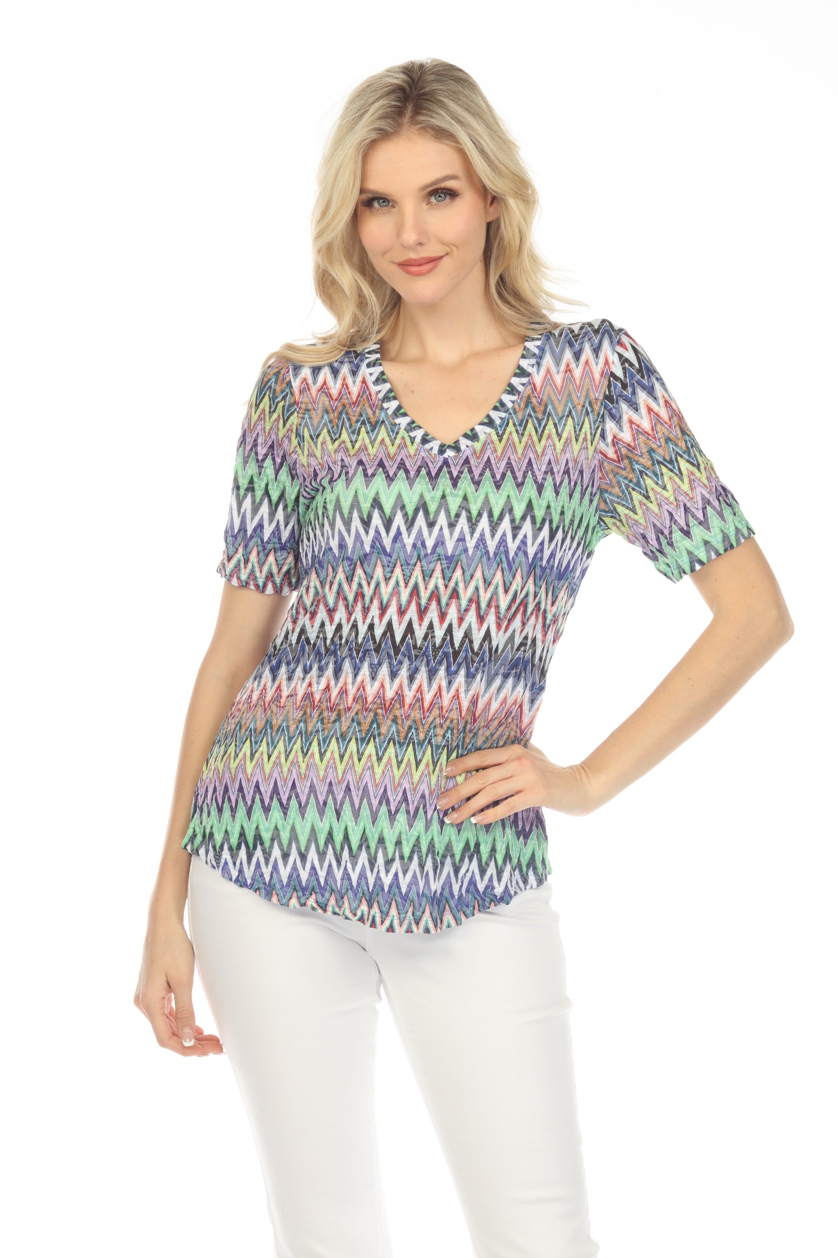 S/S V-Neck Top - Zigzags - CARINE