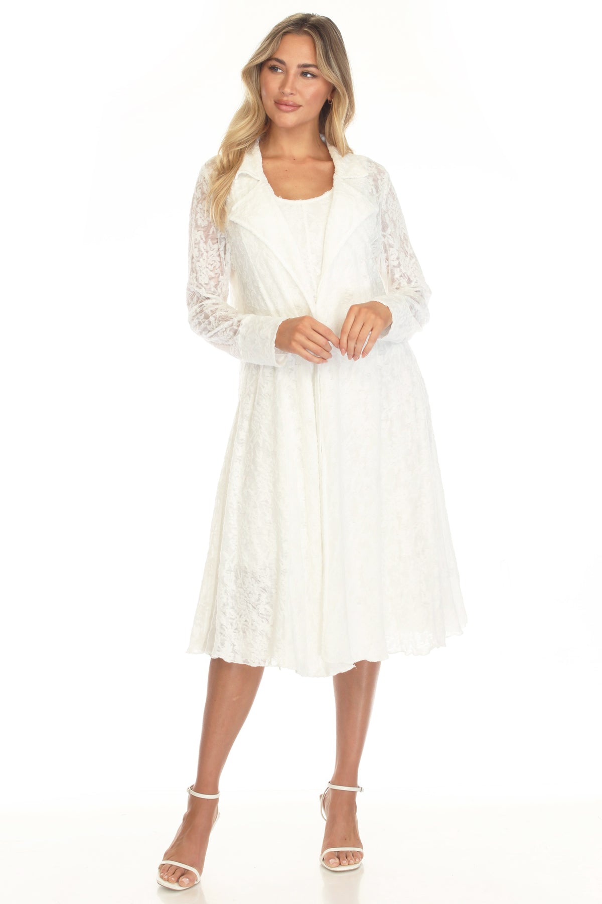 Textured Lace Dress & Duster Set - White - CARINE