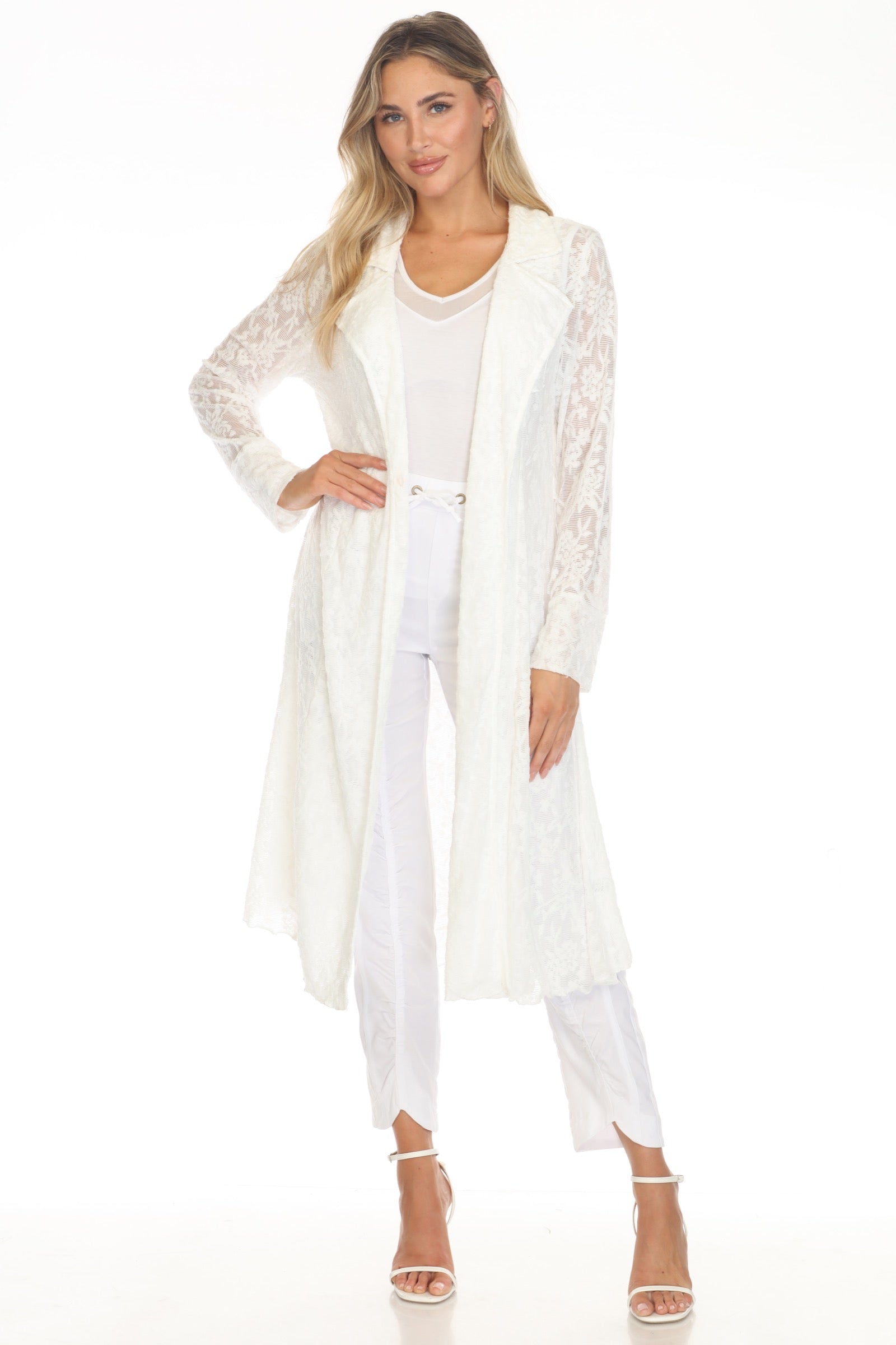 Textured Lace Dress & Duster Set - White CARINE Textured Lace Dress & Duster Set - White CARINE