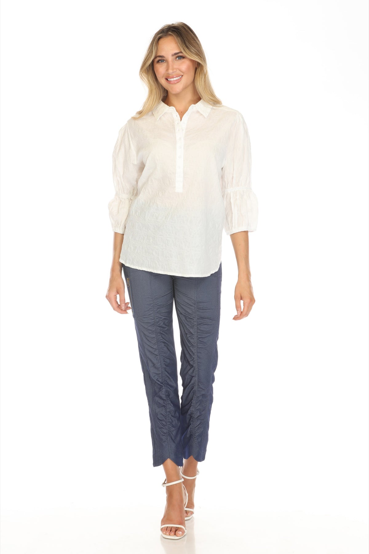 Textured Gathered Sleeve Popover - CARINE