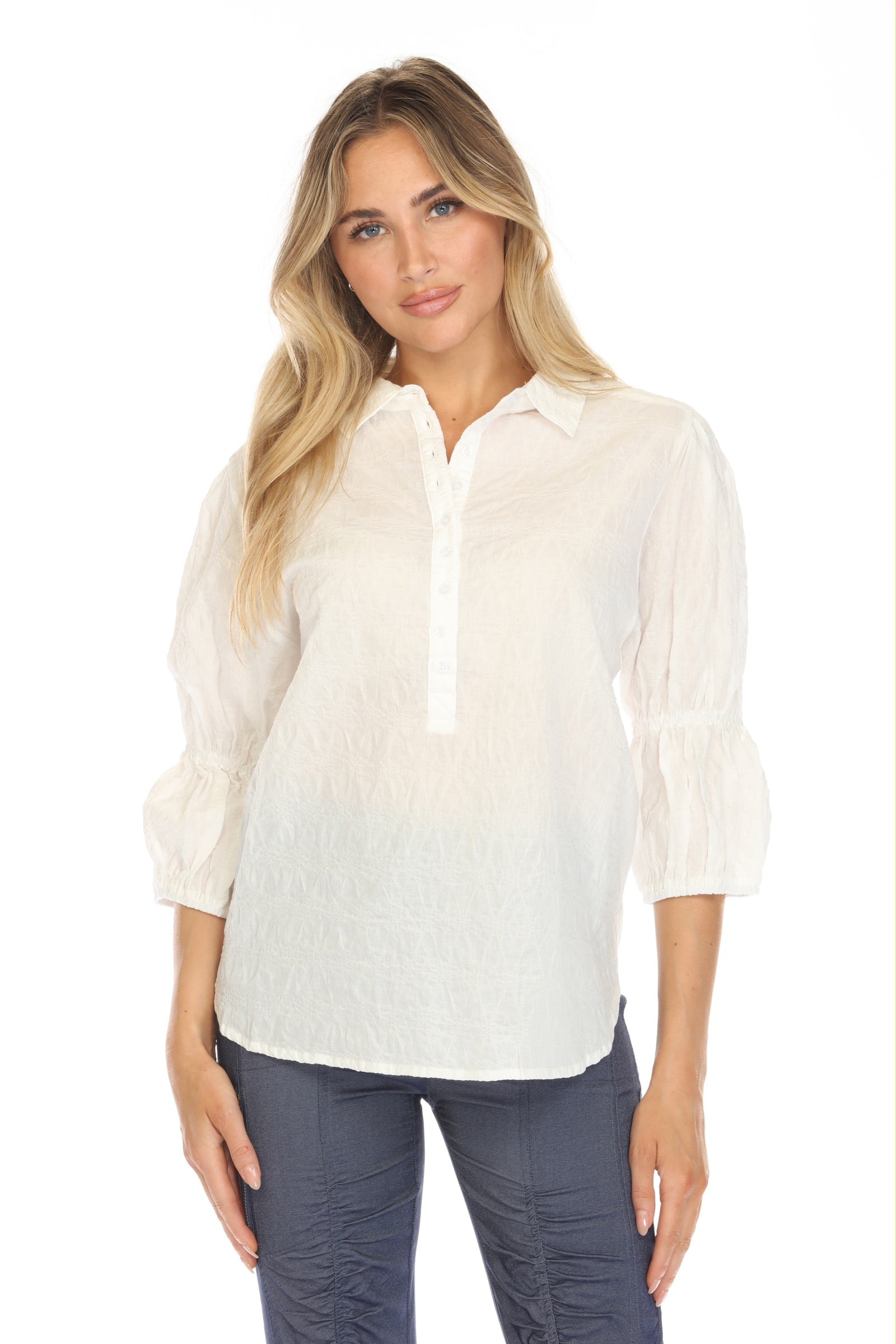 Textured Gathered Sleeve Popover - CARINE