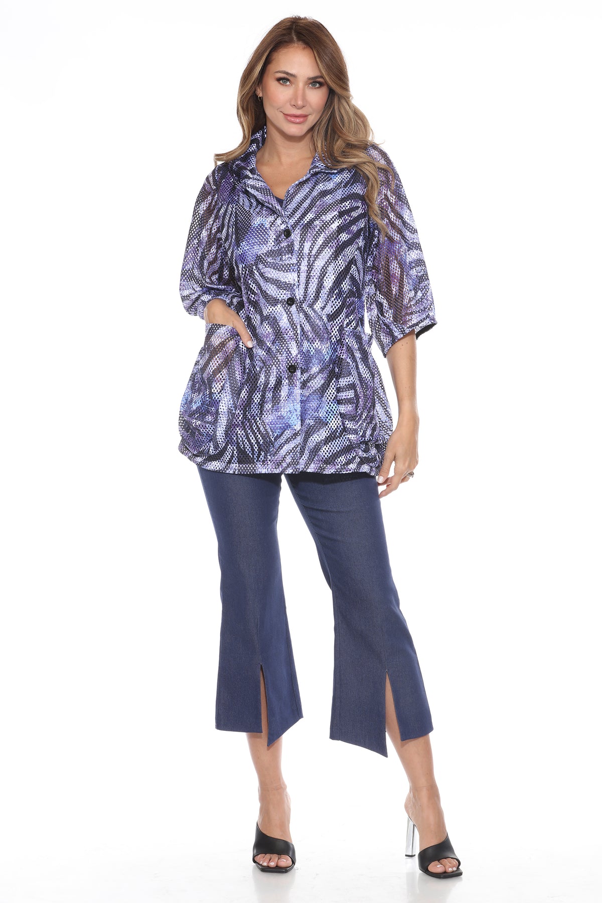Mesh Wide-Sleeve Button Jacket - Twilight Stripes - CARINE