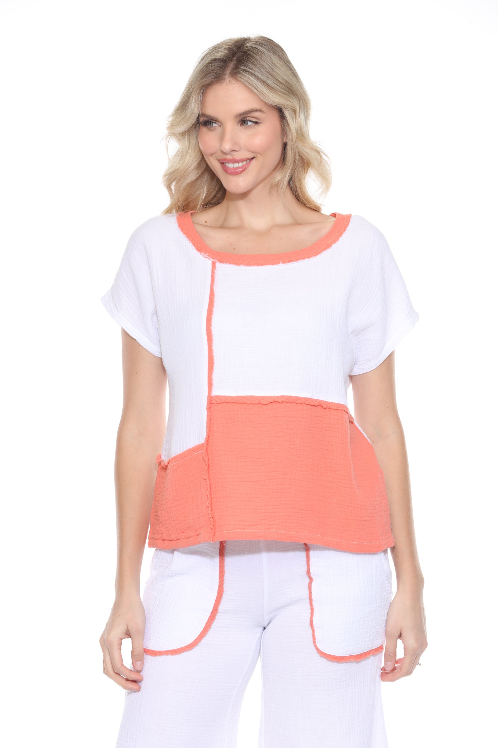 Cotton Patchwork Boxy Tee Matching Set - Orange