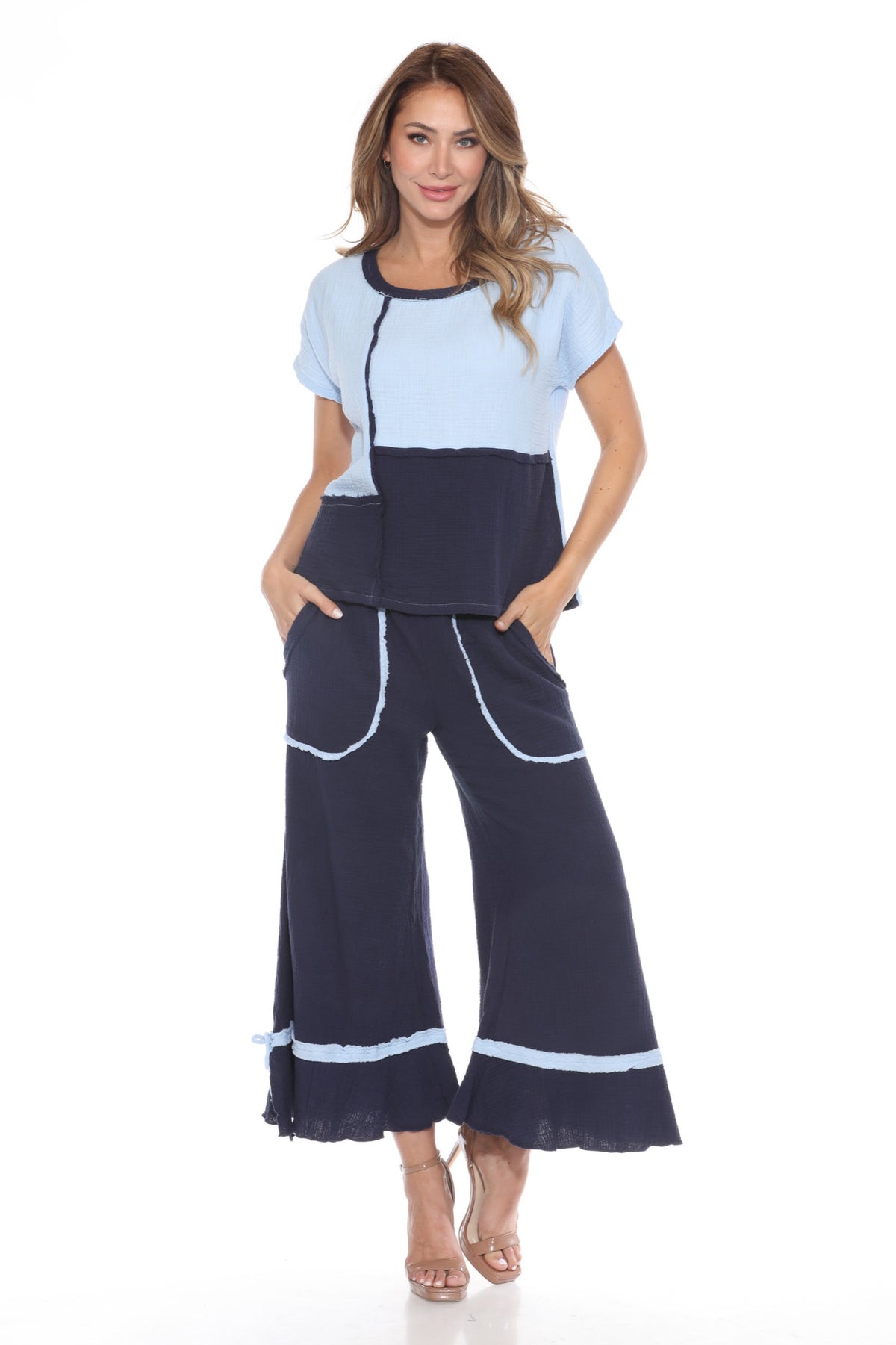Cotton Patchwork Boxy Tee Matching Set - Blue - CARINE