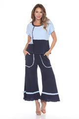 Cotton Patchwork Boxy Tee Matching Set - Blue - CARINE