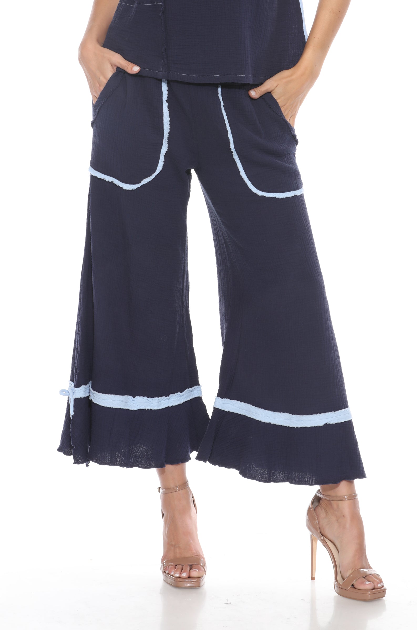 Cotton Patchwork Boxy Tee Matching Set - Blue - CARINE