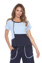 Cotton Patchwork Boxy Tee Matching Set - Blue - CARINE