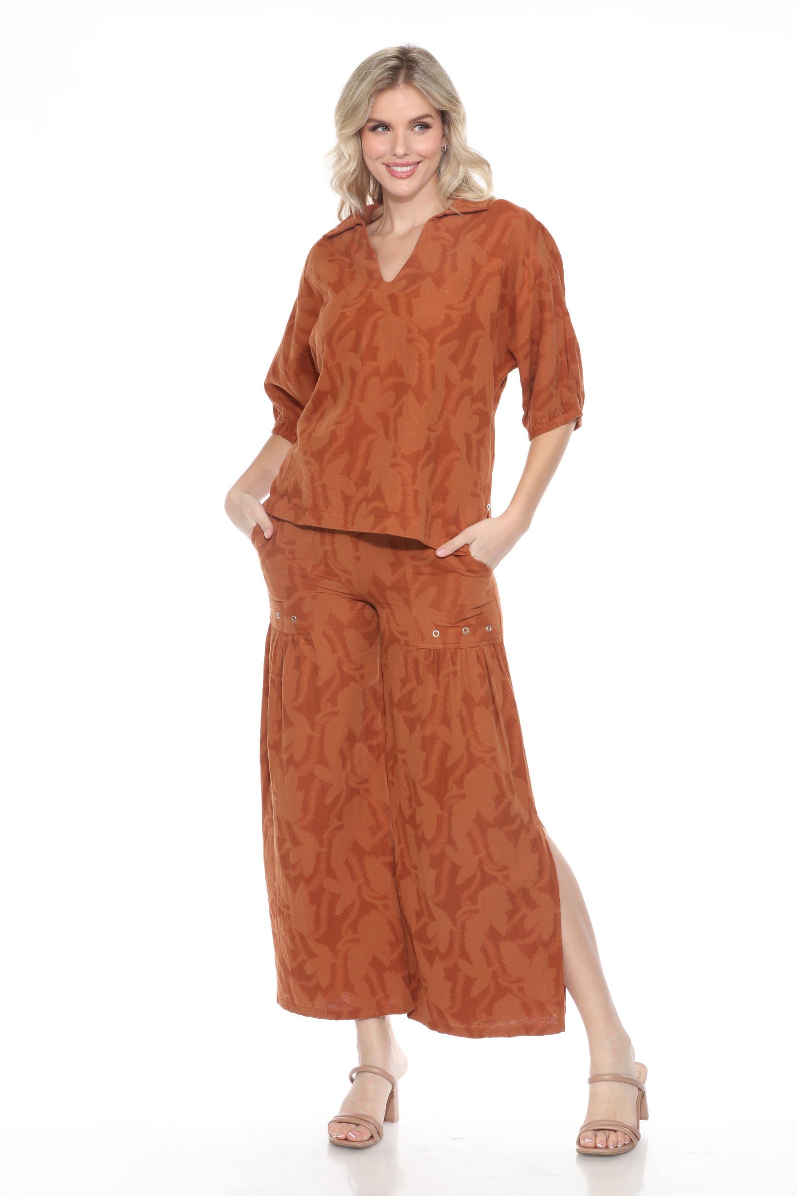 Textured Split Neck Matching Set - Brown - CARINE